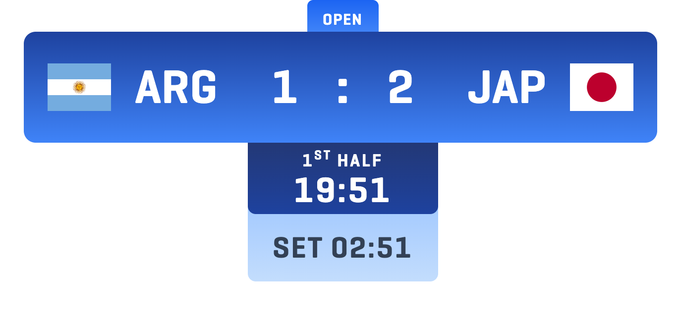 The overlay panel: ARG 1 against JAP 2, 1st half 19, set 02, labeled Open