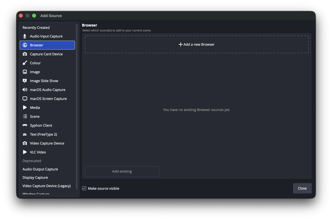 OBS’s Add Source dialog with Browser selected in the list on the left and Add a new Browser on the right