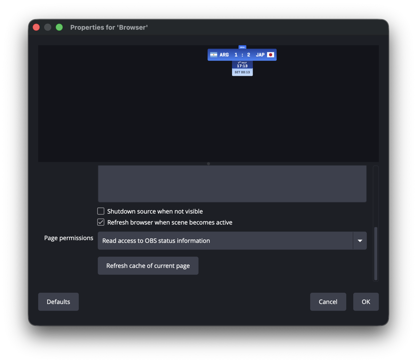 The same properties scrolled down to the two checkboxes: Shutdown source when not visible is off, Refresh browser when scene becomes active is on. The preview shows the overlay panel with ARG 1 against JAP 2 in the Open division.