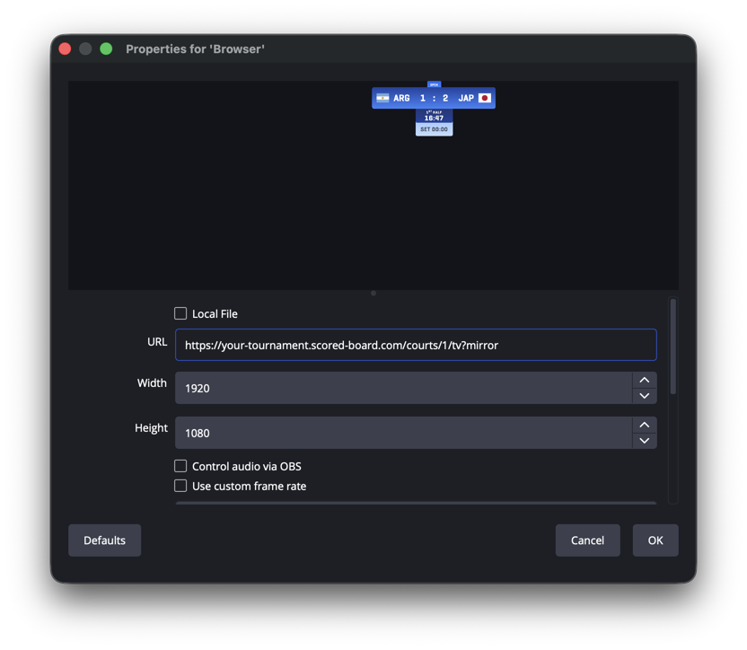The same properties with the URL field ending /tv?mirror. The preview has not reloaded yet, so the panel above still shows the teams in their original order.