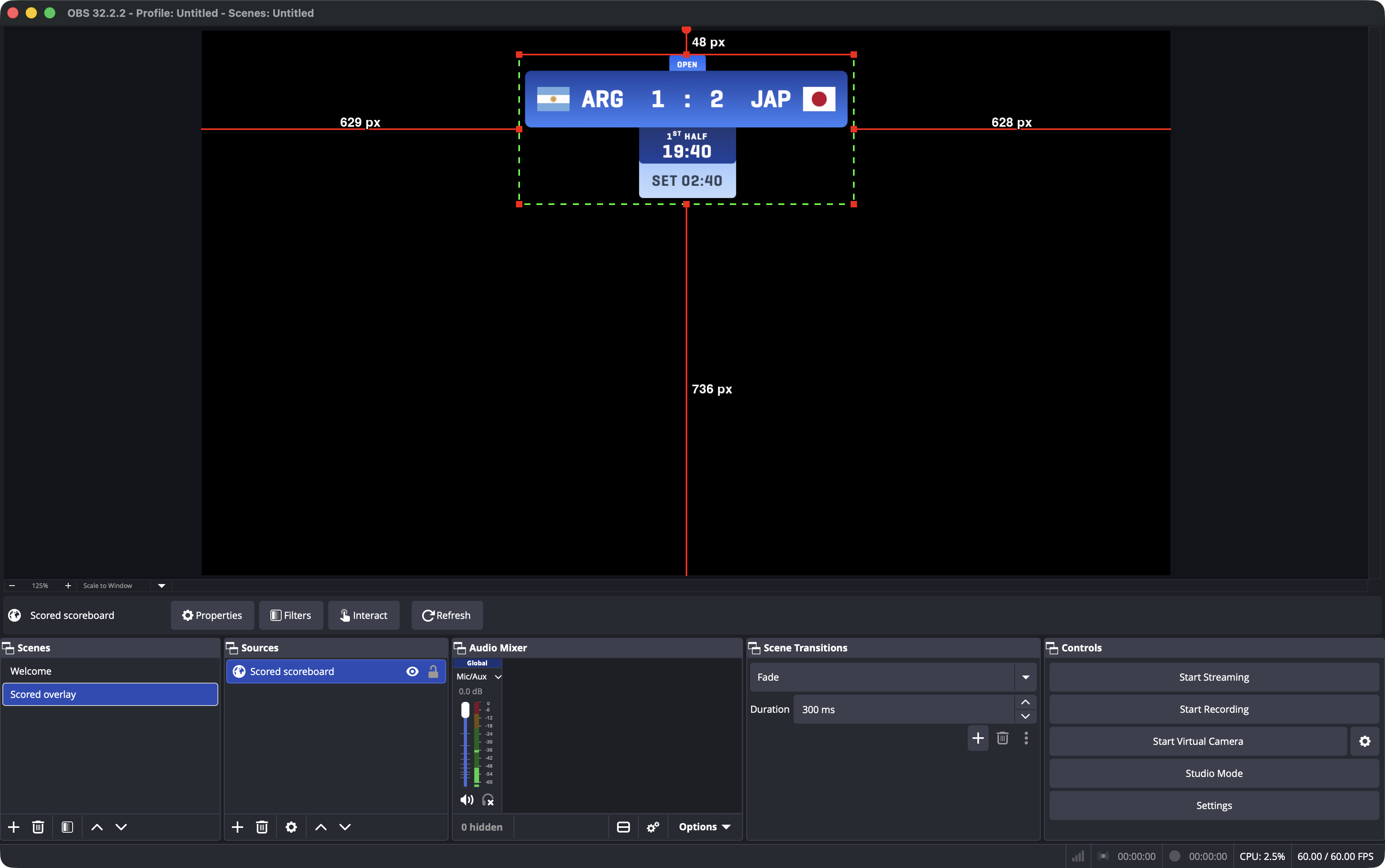 OBS with a scene named Scored overlay selected, a browser source named Scored scoreboard in the Sources list, and the cropped panel in the preview. The source is selected, so OBS is showing its distance from each edge of the canvas.