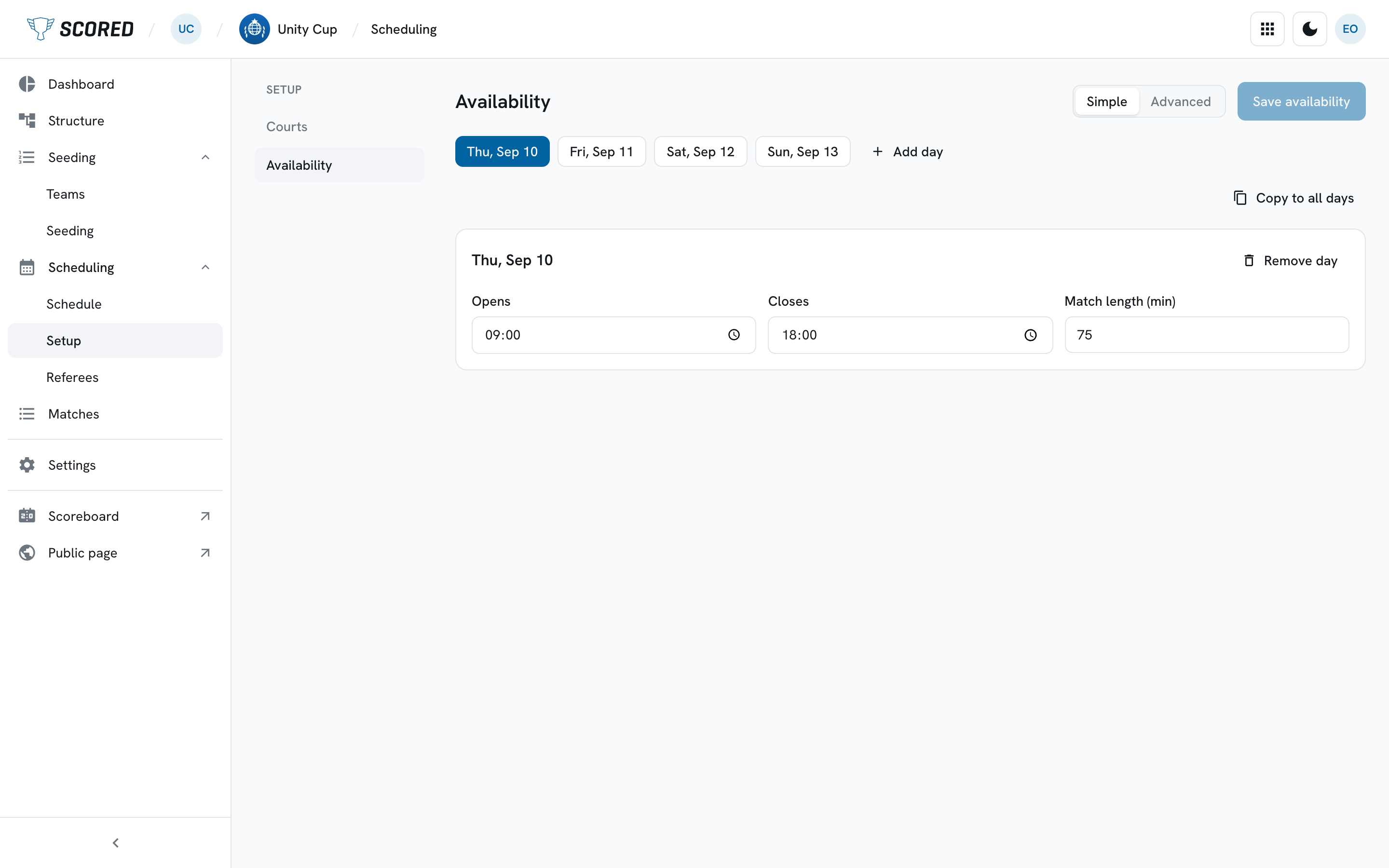 The Availability page with the day pills across the top and one day’s opens, closes and match length
