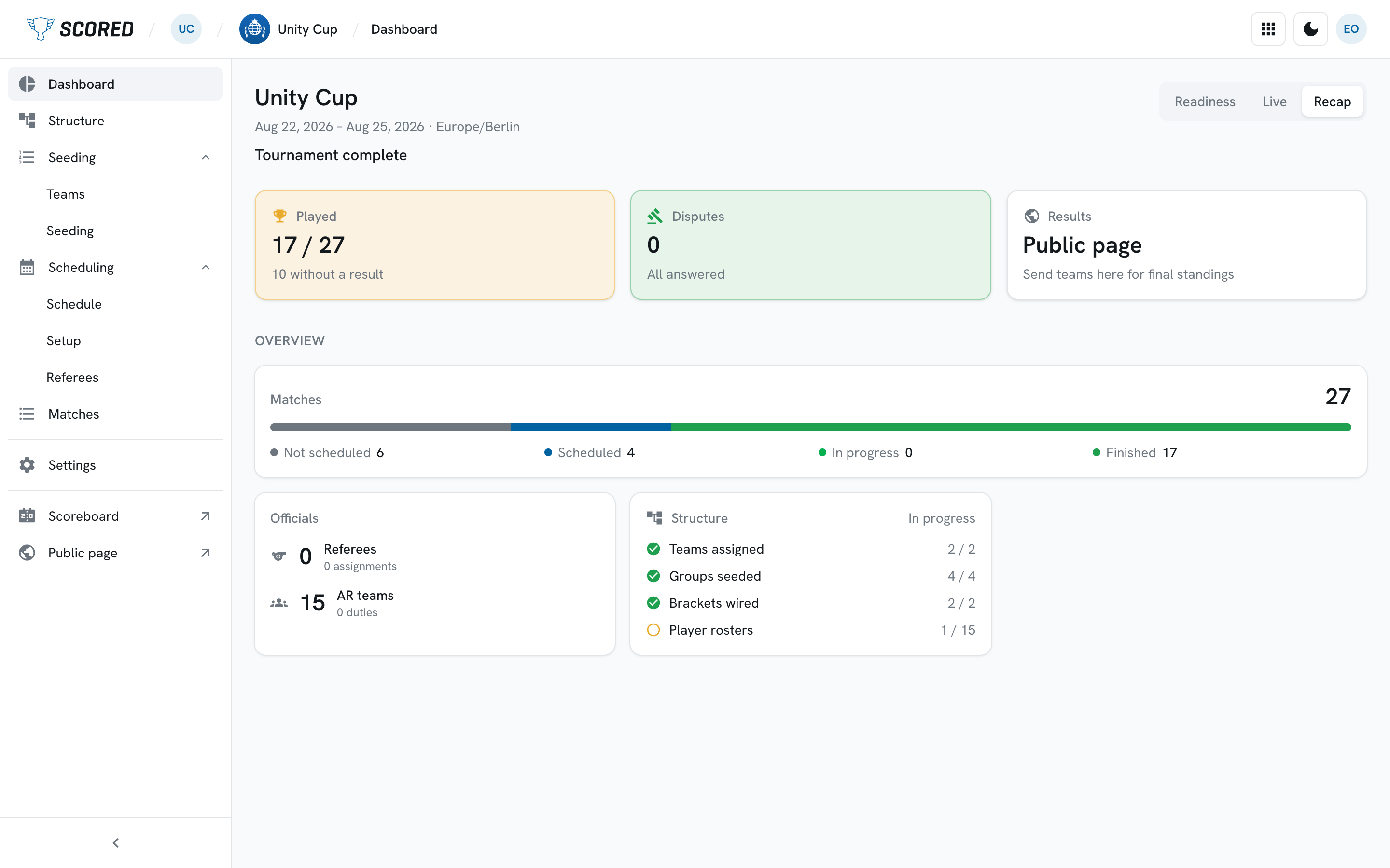 The tournament dashboard, with the sidebar on the left and the live day view beside the schedule health panel