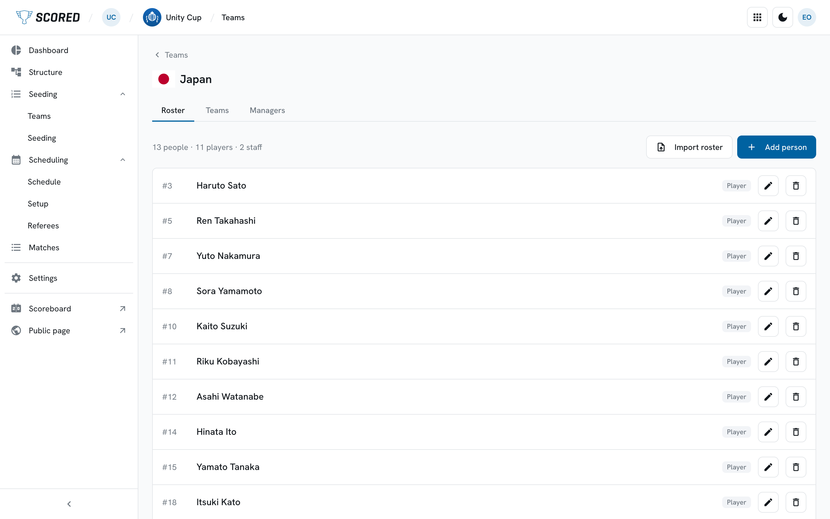 A delegation’s Roster tab, with shirt numbers, players and staff, and the Import roster and Add person buttons