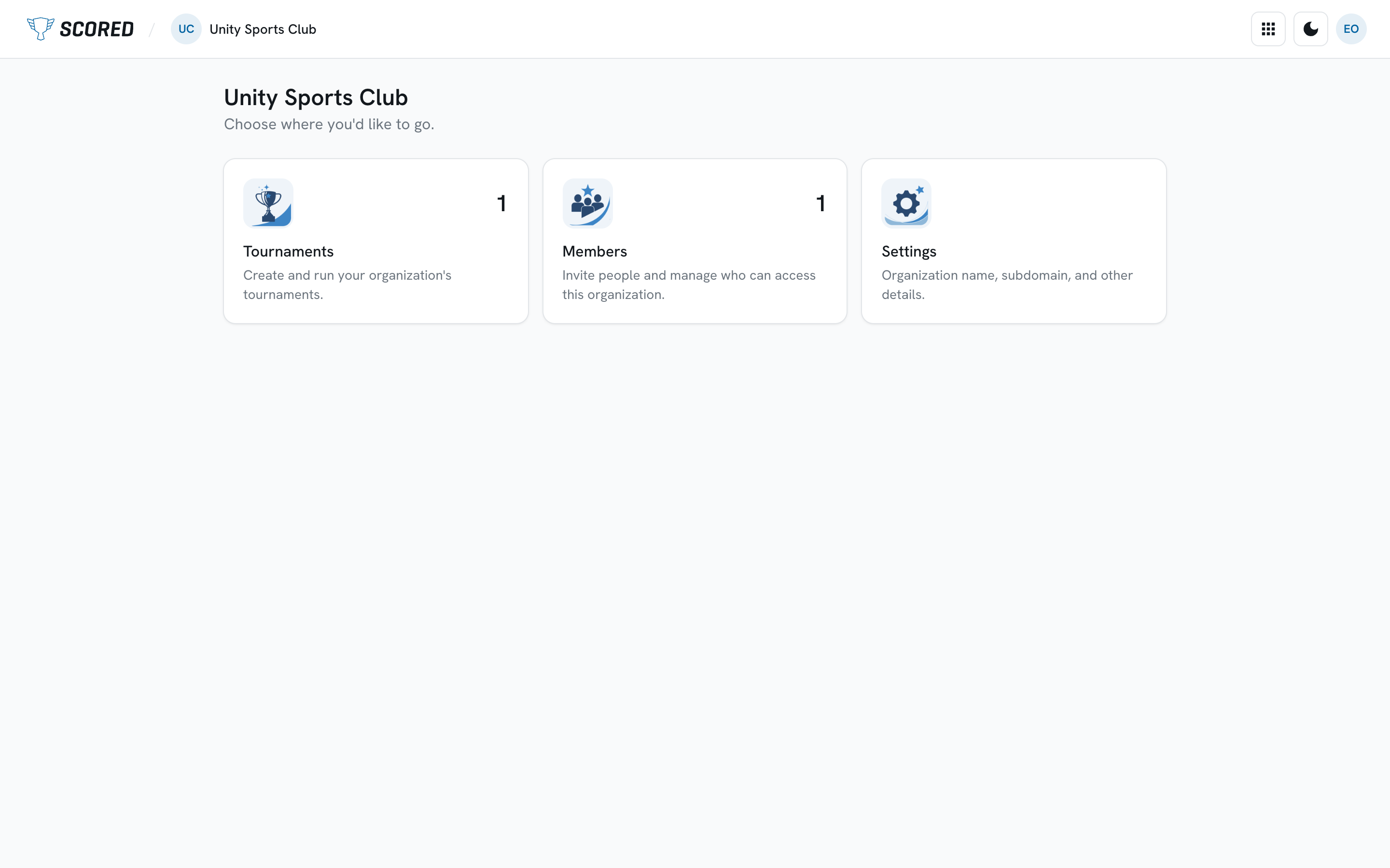 The organization home screen with Tournaments, Members and Settings tiles