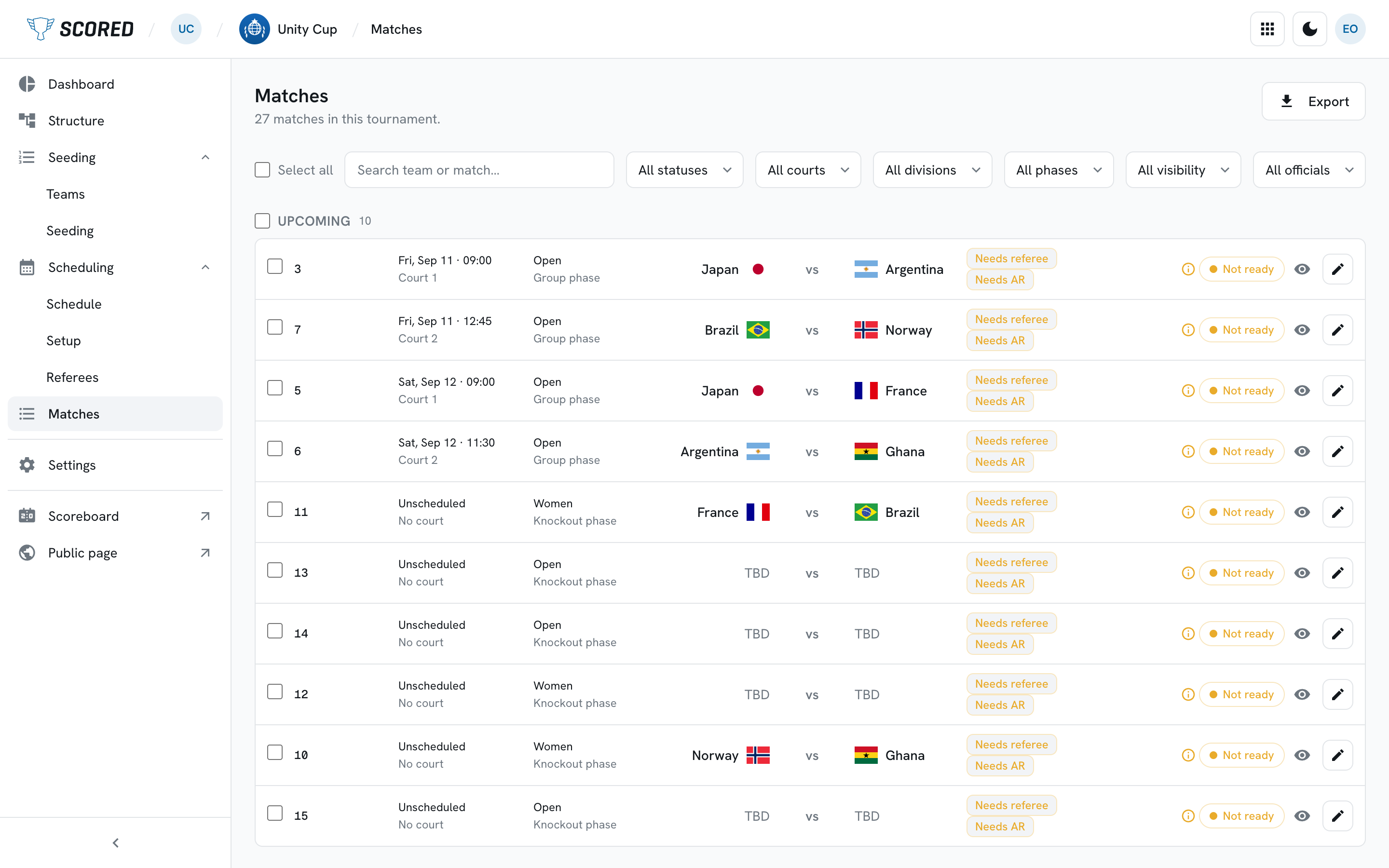 The Matches list with the filter row on top and one row per match, each carrying its status
