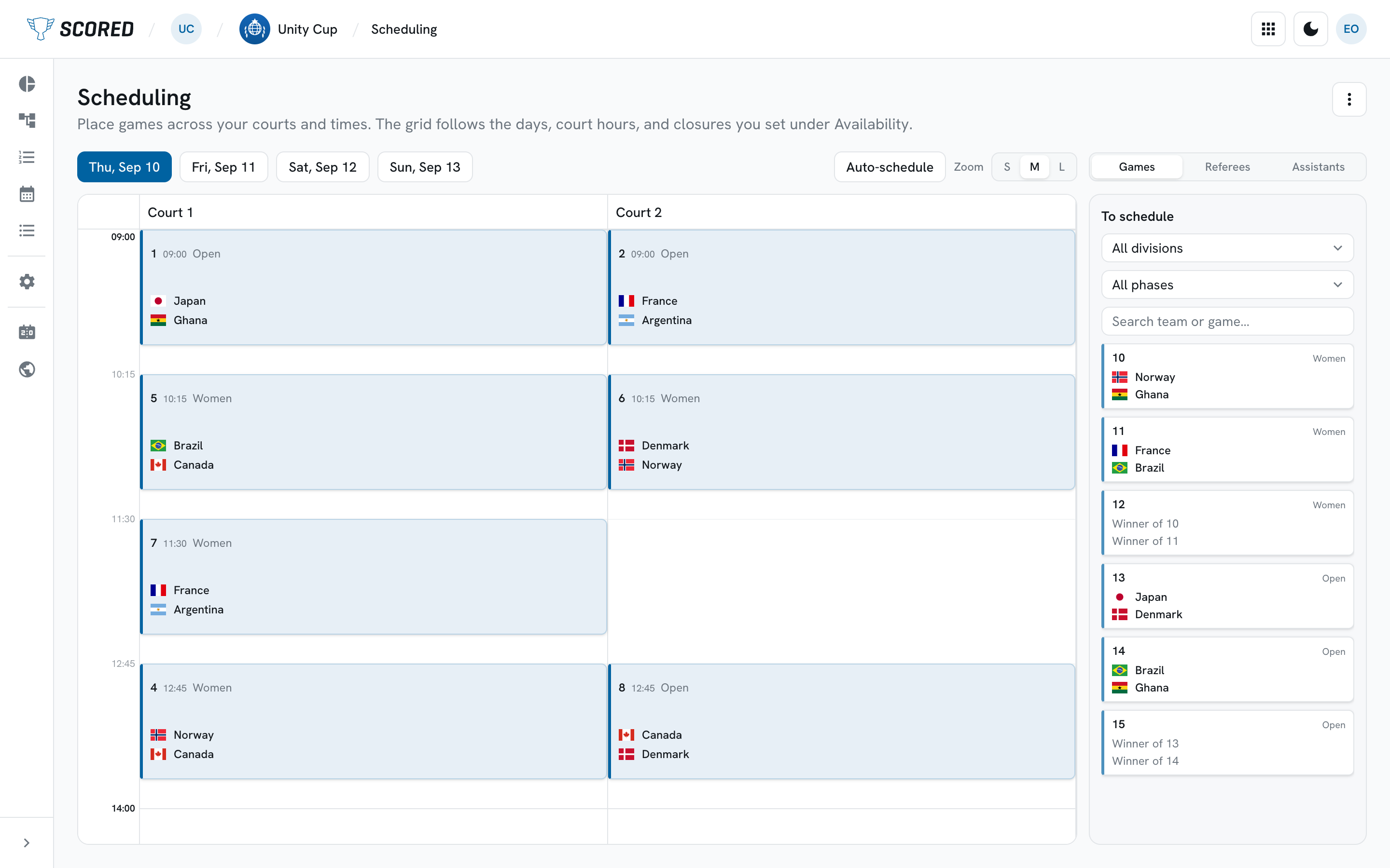 The schedule calendar with one column per court, placed games on the grid and the To schedule list on the right