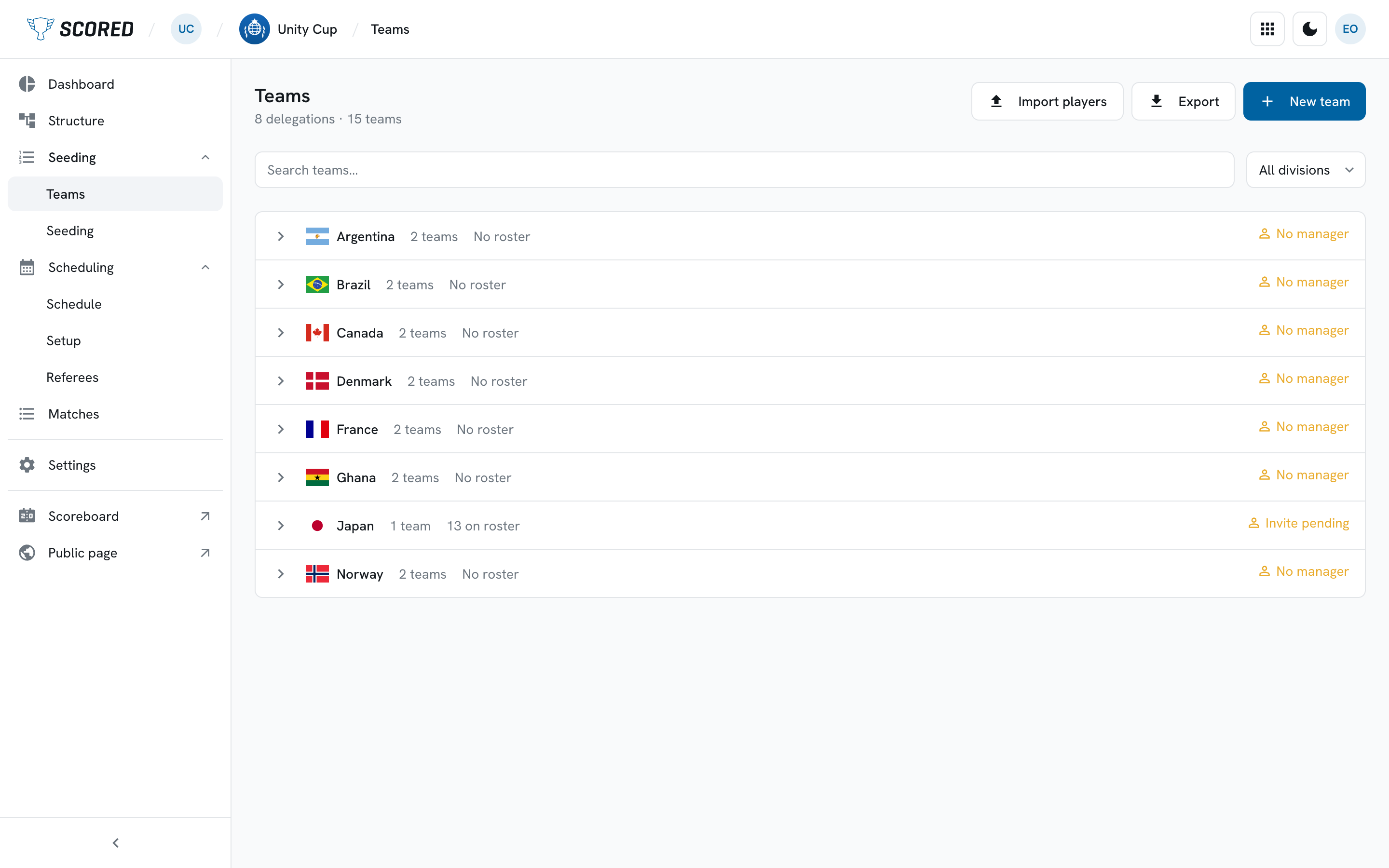 The Teams page with one row per delegation, each showing its teams, roster and manager status