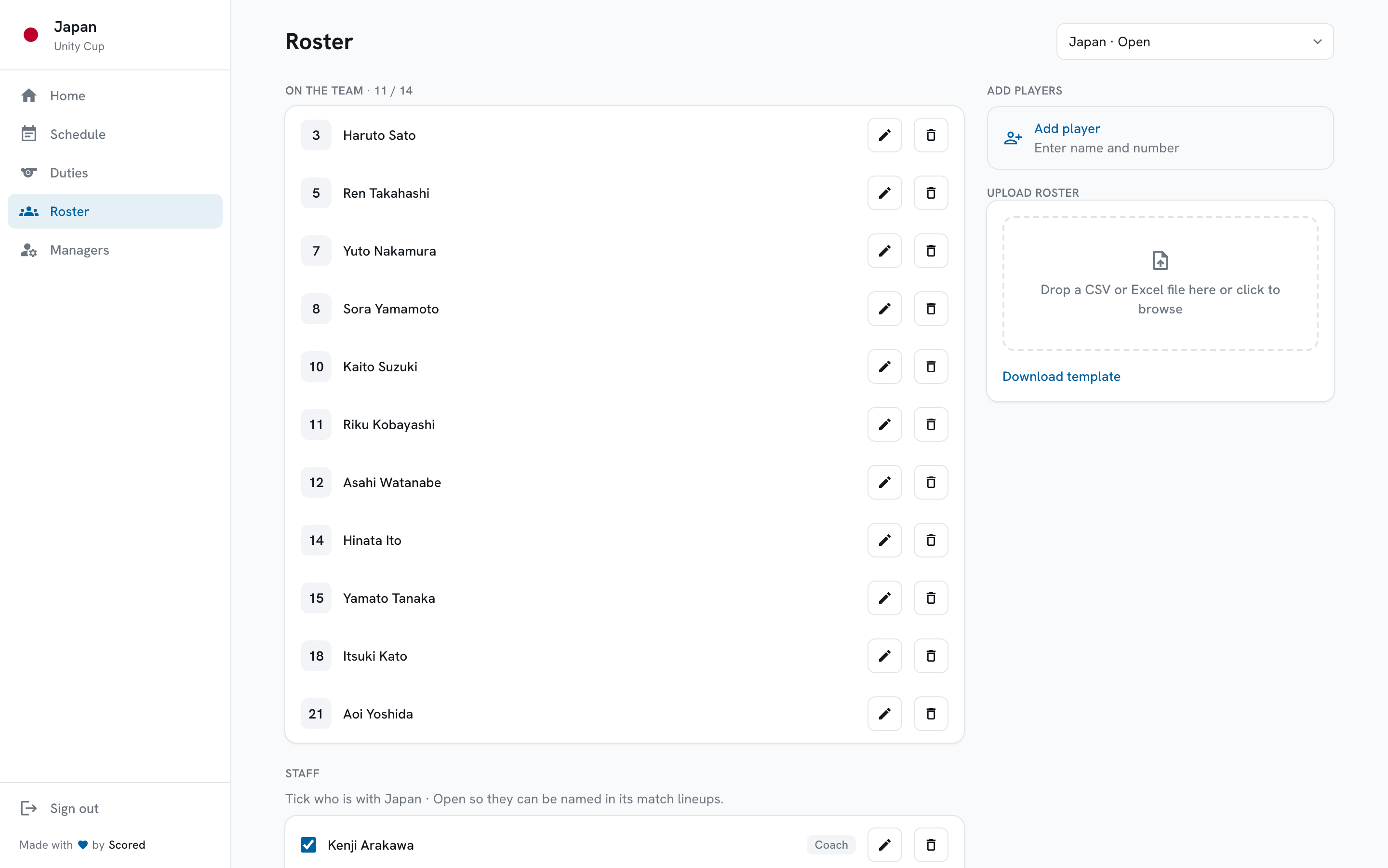 The Roster tab showing players on the team, staff, and the add-players panel