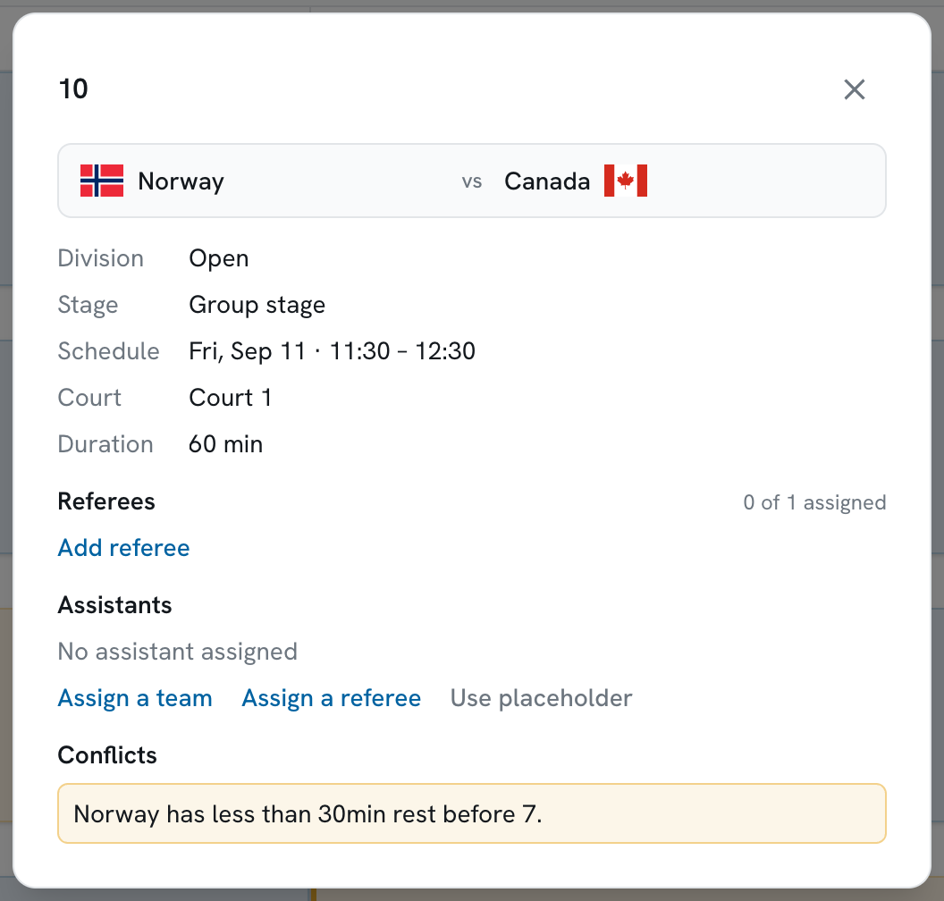 A game’s details, with a Conflicts section reading “Norway has less than 30min rest before 7.”