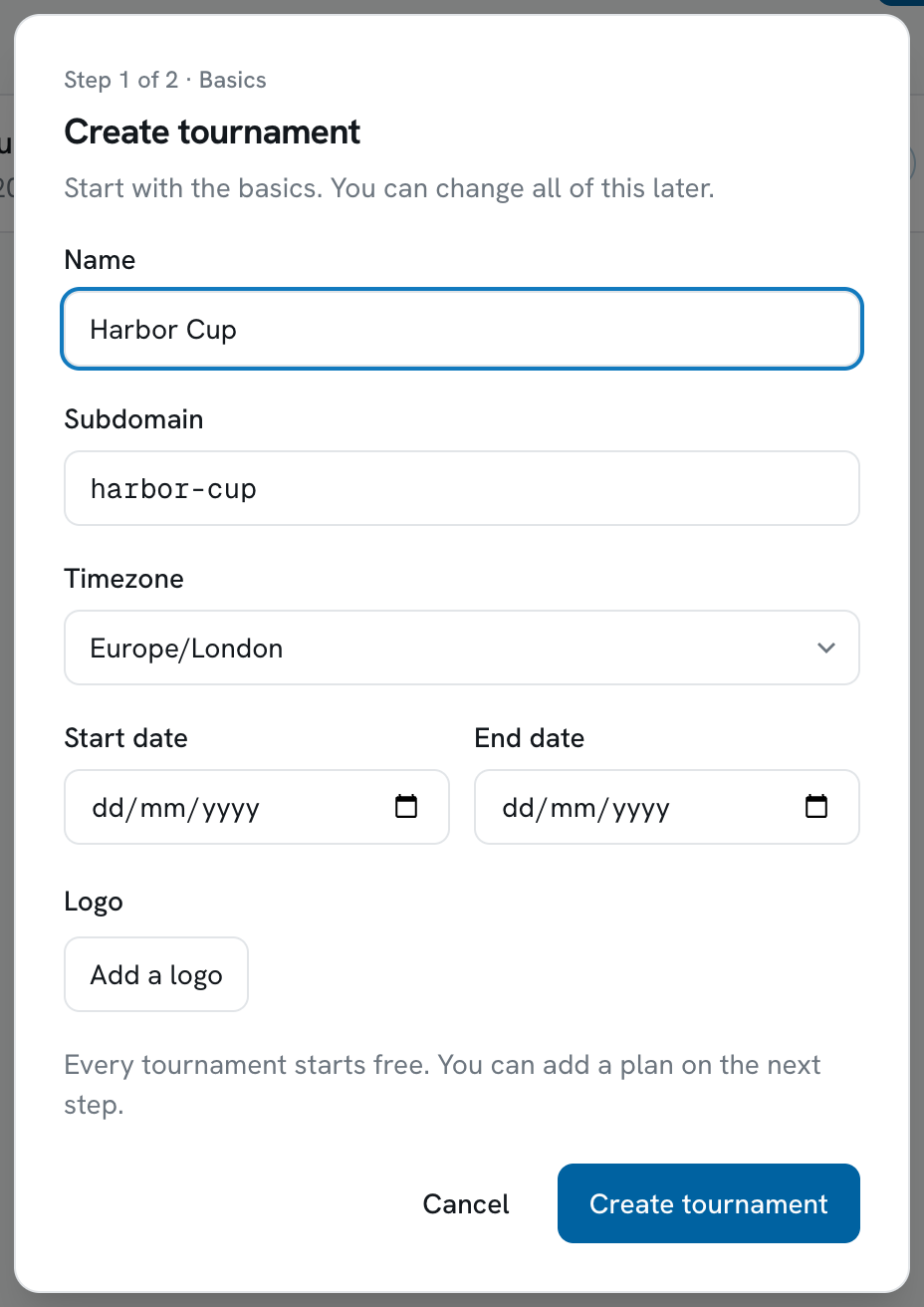 The Create tournament dialog with the name filled in and the subdomain suggested from it