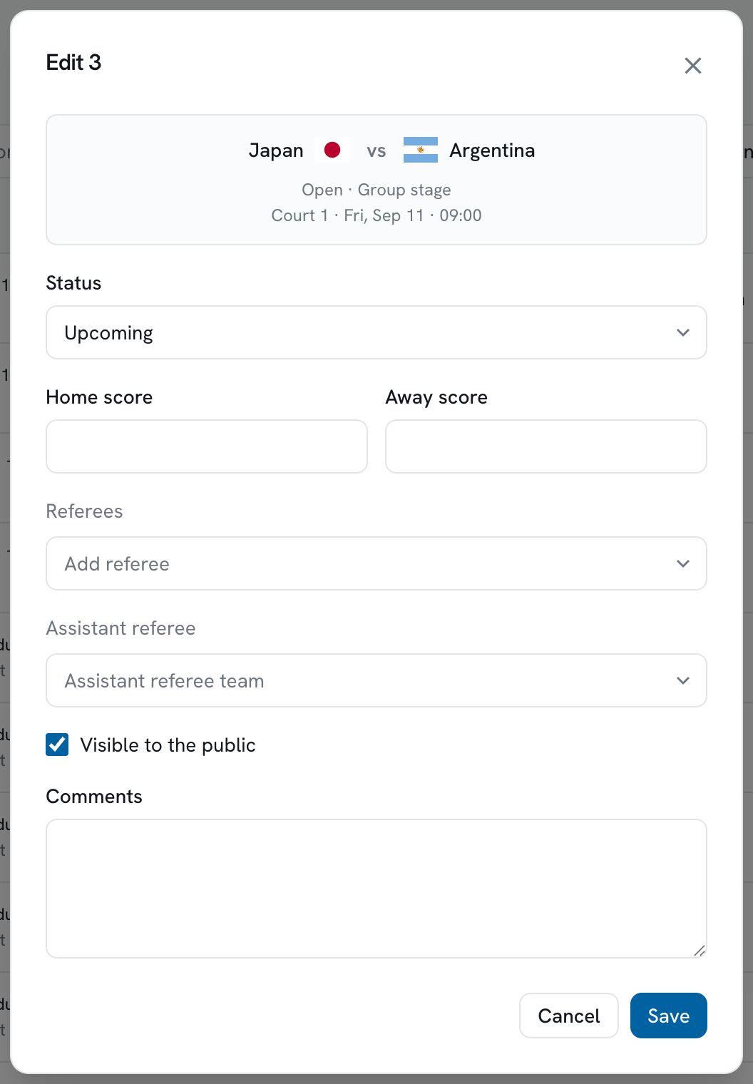 The match edit panel with status, scores, referees, public visibility and comments