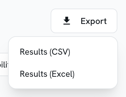 The Export menu open on the Matches page, offering Results (CSV) and Results (Excel)
