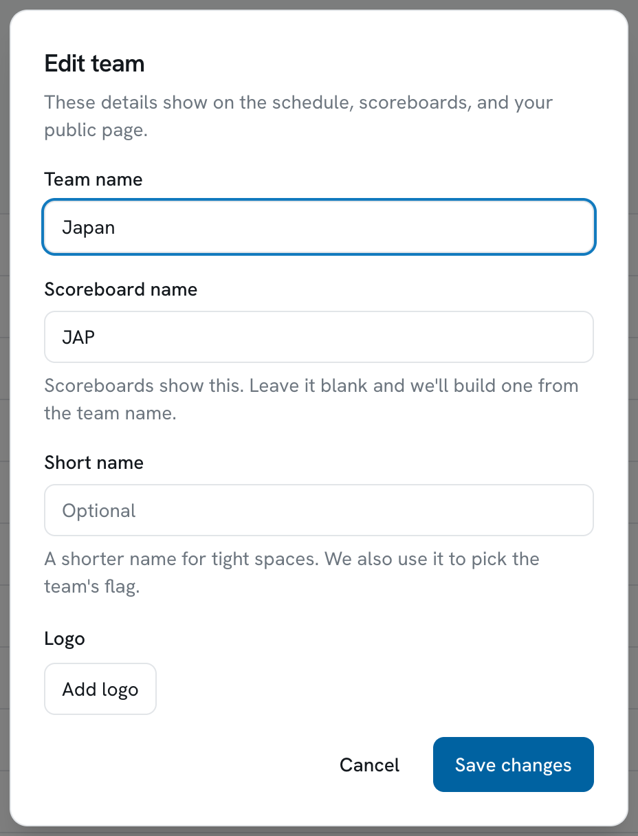 The Edit team dialog, with fields for the team name, the scoreboard name and a short name, and an Add logo button