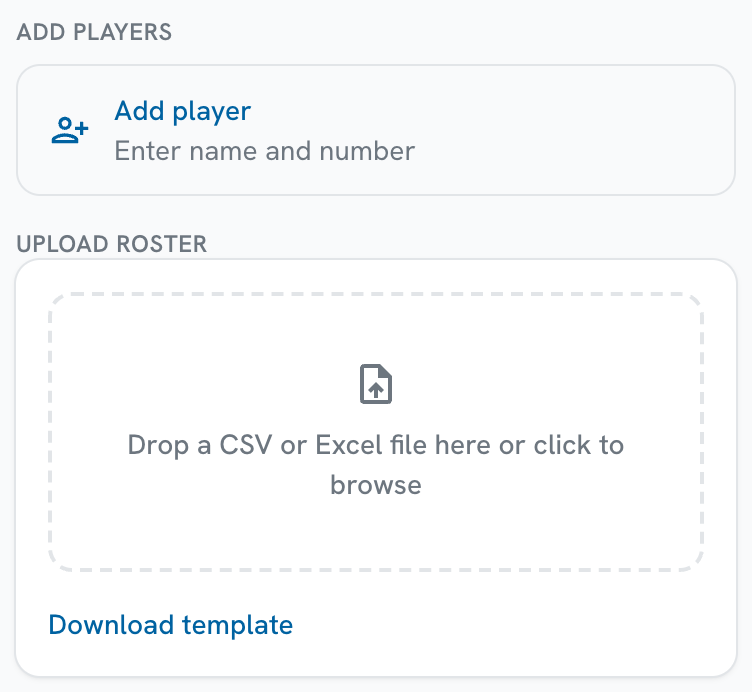 The Add player and Upload roster cards