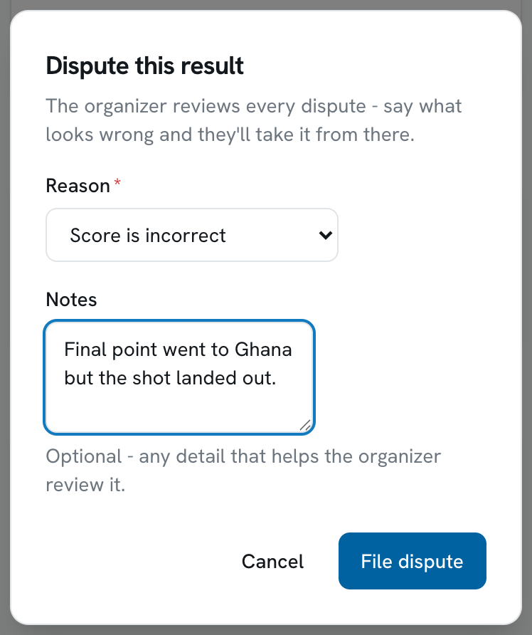 The dispute dialog with a reason selected and notes filled in