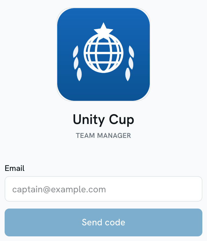The sign-in screen, showing the tournament logo and name above an email field