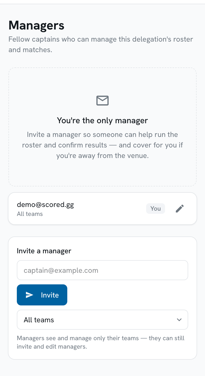 The Managers screen listing managers with an invite form below