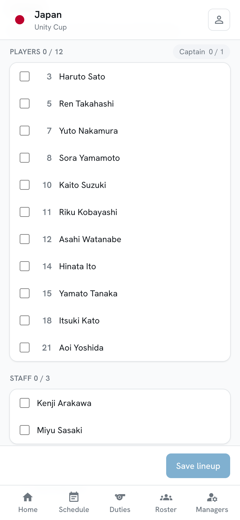 The lineup with players ticked and a count of seven of twelve
