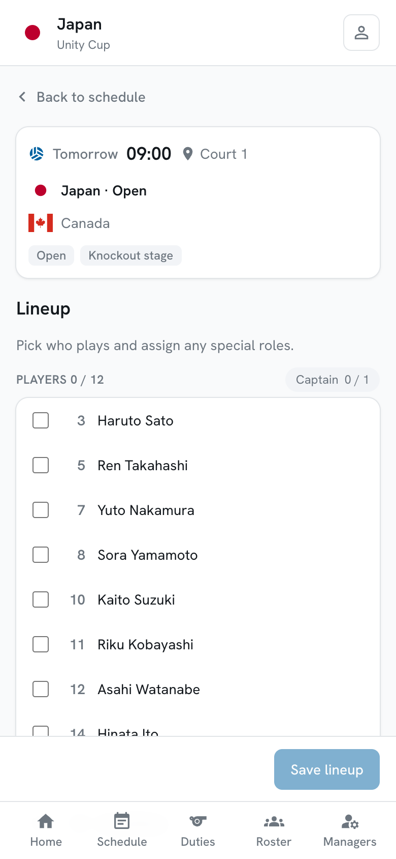 The match screen showing the fixture card above the lineup