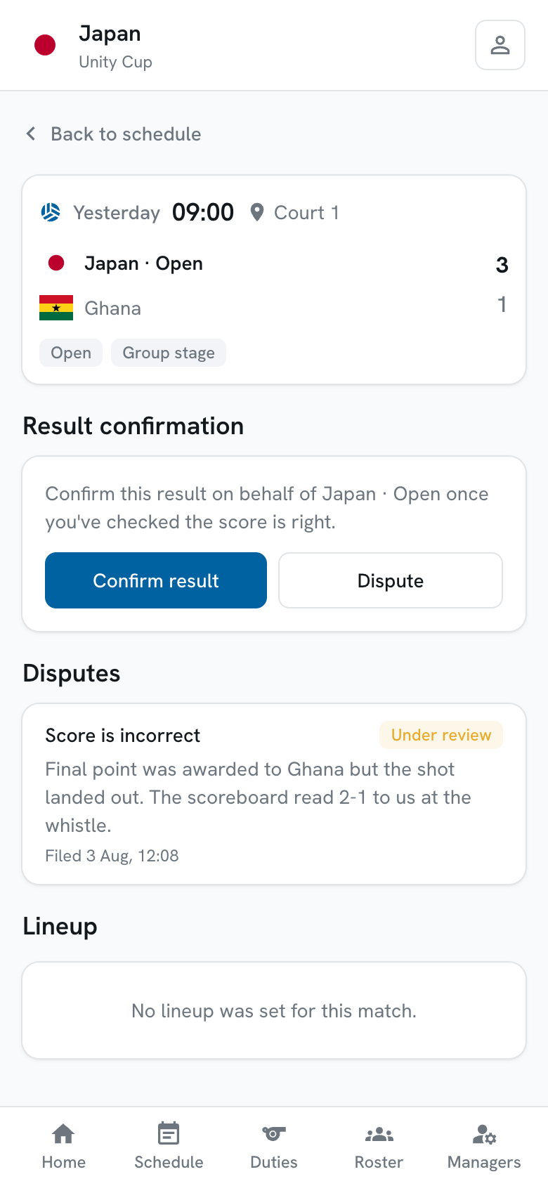 The result confirmation panel with Confirm result and Dispute buttons